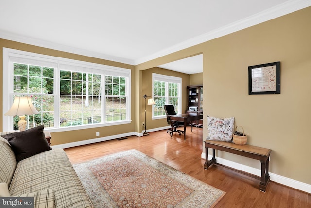 living room with hardwood / wood-style flooring and ornamental molding