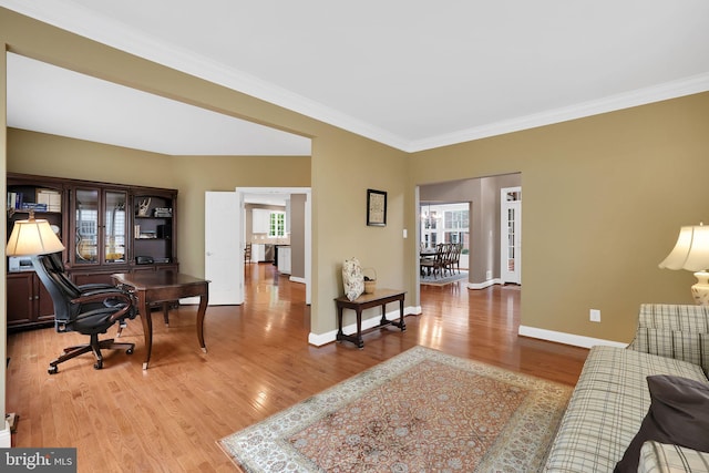 home office featuring ornamental molding and light hardwood / wood-style floors