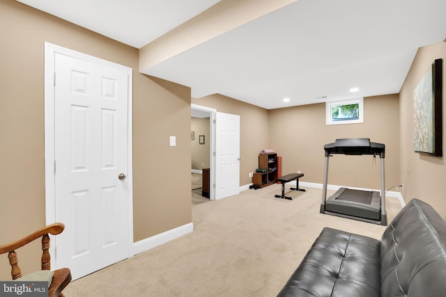 exercise area with light colored carpet