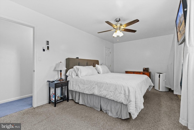 bedroom with ceiling fan and carpet flooring