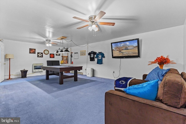 rec room featuring heating unit, ceiling fan, and carpet flooring