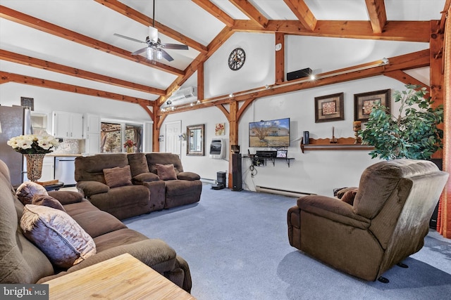 carpeted living room with a baseboard radiator, high vaulted ceiling, beamed ceiling, and ceiling fan