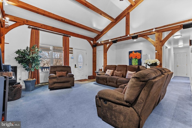 living room with beamed ceiling, carpet flooring, and high vaulted ceiling