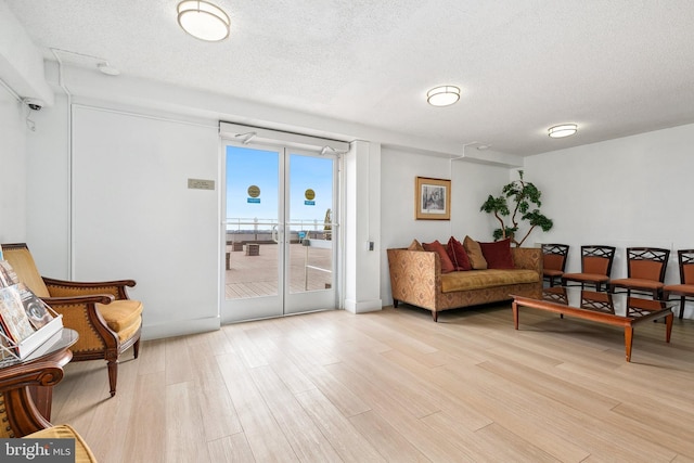 living area with light wood-type flooring and a textured ceiling