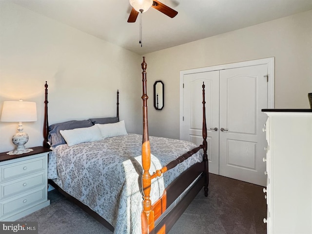 carpeted bedroom with a closet and ceiling fan