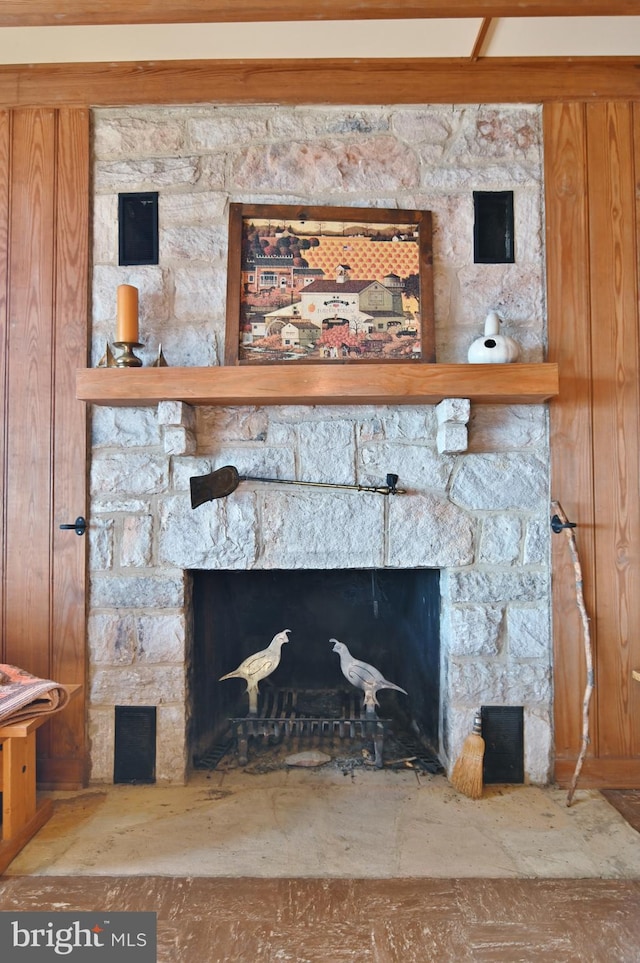 details featuring a stone fireplace