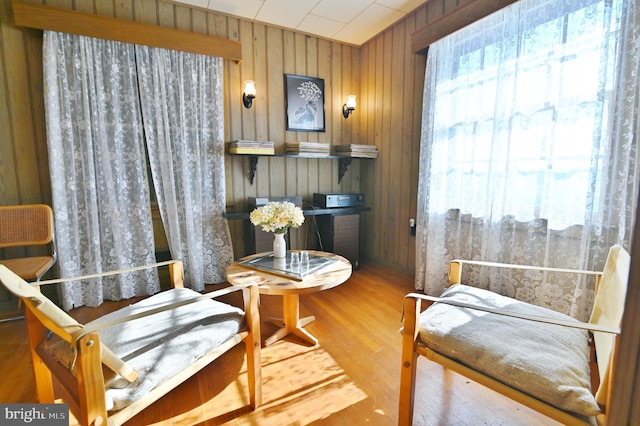 living area featuring wooden walls and wood finished floors