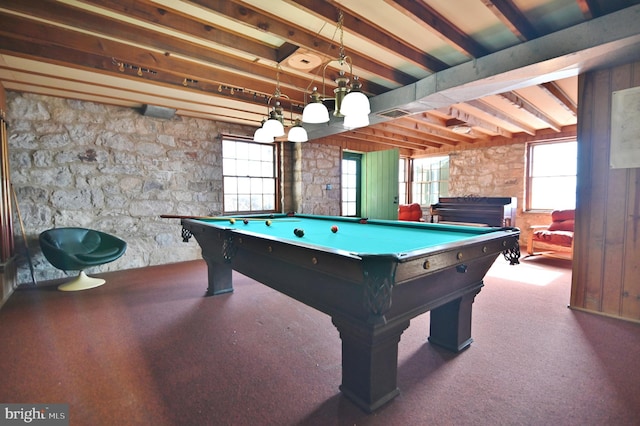 playroom featuring beamed ceiling, carpet, a healthy amount of sunlight, and pool table