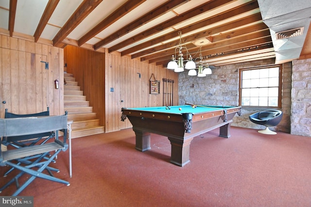 game room featuring visible vents, beam ceiling, carpet, and billiards