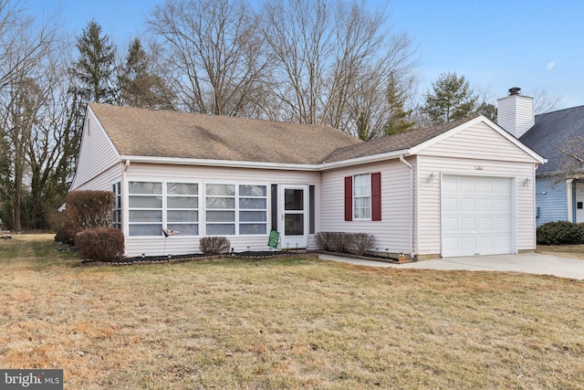 ranch-style house featuring a garage, driveway, roof with shingles, a front lawn, and a chimney