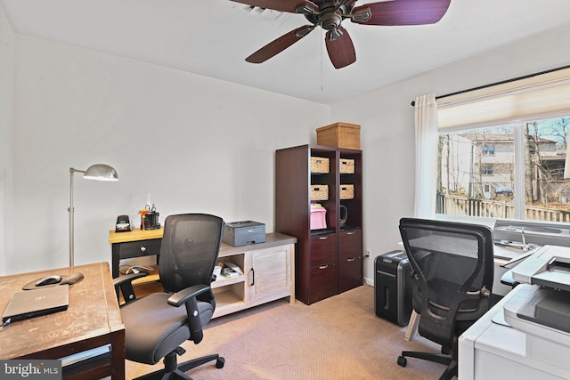 office with ceiling fan and carpet flooring