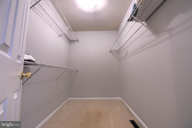 spacious closet featuring visible vents and light colored carpet