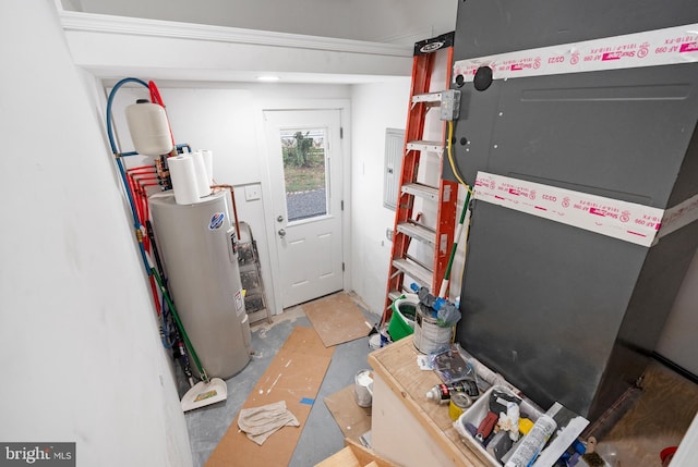 utility room featuring heating unit, electric panel, and electric water heater