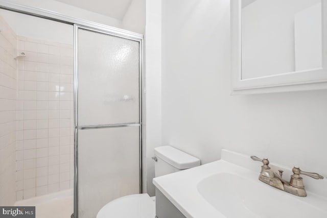 full bathroom with vanity, toilet, and a shower stall