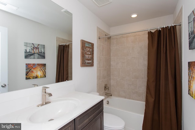 full bathroom with vanity, toilet, and shower / bathtub combination with curtain