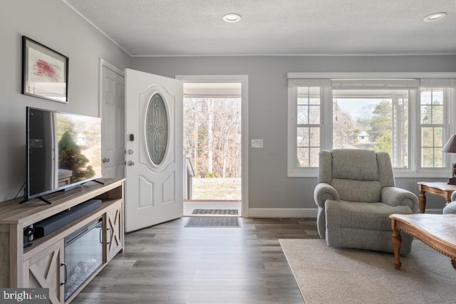 entrance foyer featuring wood finished floors, a healthy amount of sunlight, baseboards, and a textured ceiling