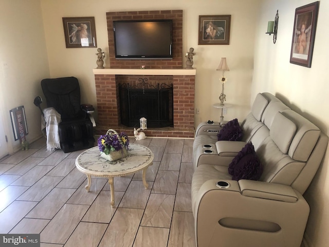 living room with a fireplace