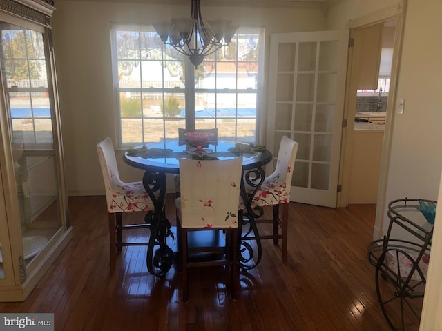 dining area with a notable chandelier and dark wood-type flooring