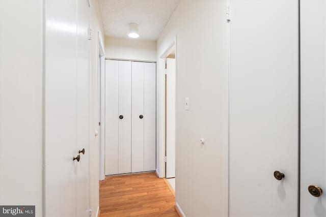 corridor featuring light wood-style flooring and a textured ceiling