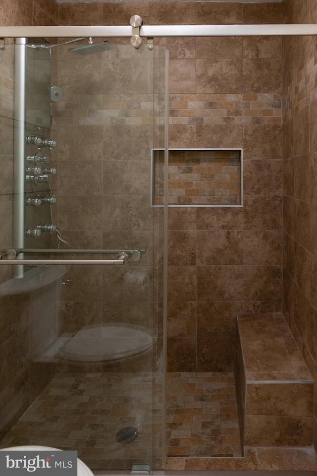 bathroom featuring toilet and a stall shower