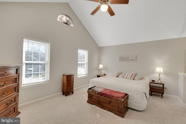 bedroom featuring high vaulted ceiling, ceiling fan, baseboards, and light colored carpet