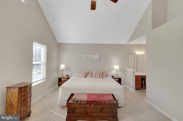 bedroom featuring high vaulted ceiling, light colored carpet, and baseboards