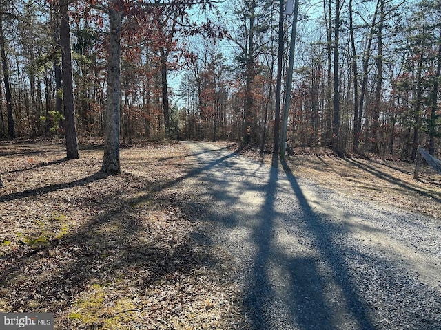 view of street featuring a forest view