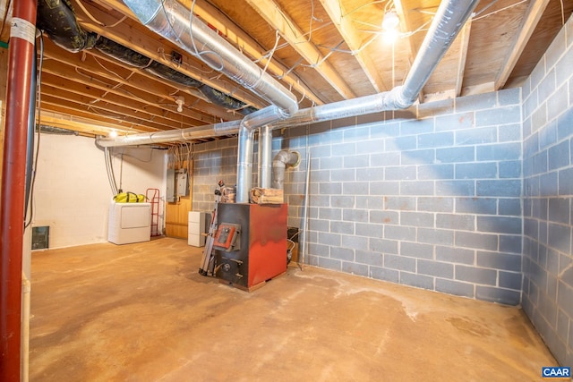 basement with electric panel and washer and clothes dryer