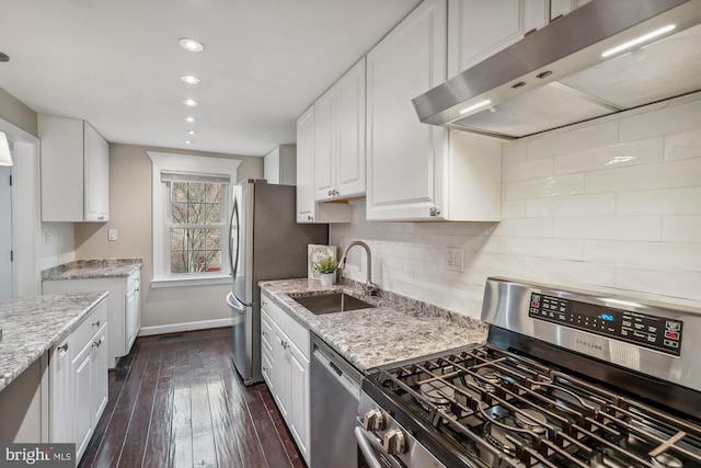 kitchen with decorative backsplash, white cabinets, appliances with stainless steel finishes, under cabinet range hood, and a sink