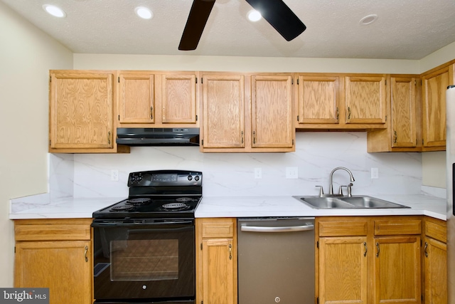 kitchen featuring sink, stainless steel dishwasher, tasteful backsplash, and black electric range oven