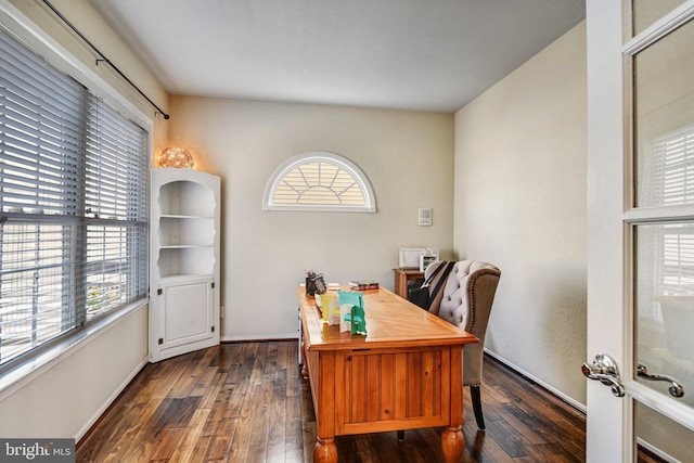 office with dark wood finished floors and baseboards