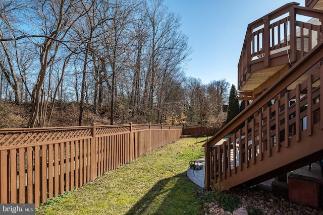 view of yard featuring a fenced backyard and stairway