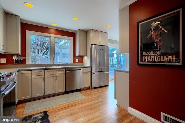 kitchen featuring plenty of natural light, visible vents, appliances with stainless steel finishes, light countertops, and a sink