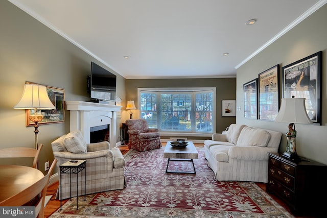 living room featuring a fireplace, ornamental molding, and wood finished floors