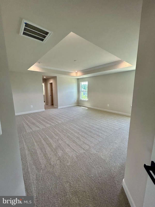 empty room with a tray ceiling and carpet floors