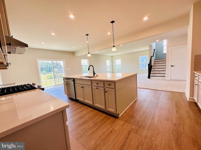 kitchen featuring decorative light fixtures, dishwasher, sink, a kitchen island with sink, and light hardwood / wood-style floors