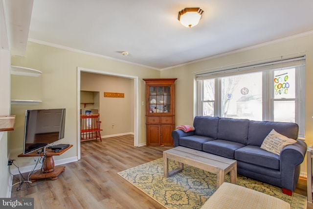 living room featuring crown molding and light wood-type flooring