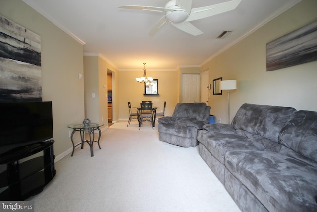 living room with visible vents, baseboards, light colored carpet, ornamental molding, and ceiling fan with notable chandelier