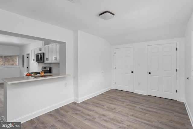 interior space featuring vaulted ceiling, wood finished floors, and baseboards