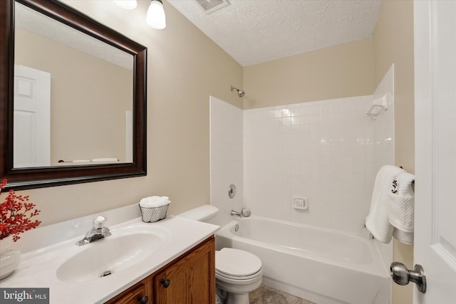 bathroom with visible vents, shower / bath combination, toilet, a textured ceiling, and vanity