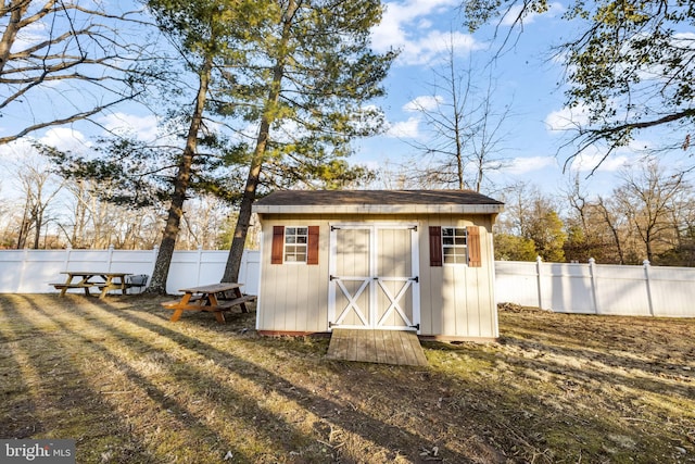 view of shed with a fenced backyard