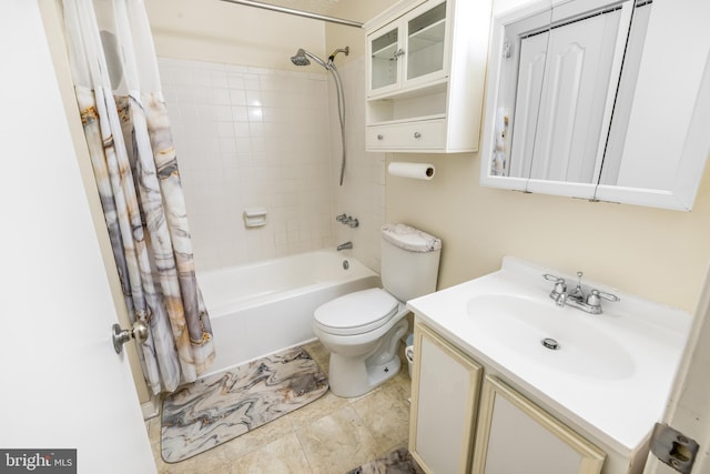 full bathroom featuring shower / bath combination with curtain, vanity, and toilet