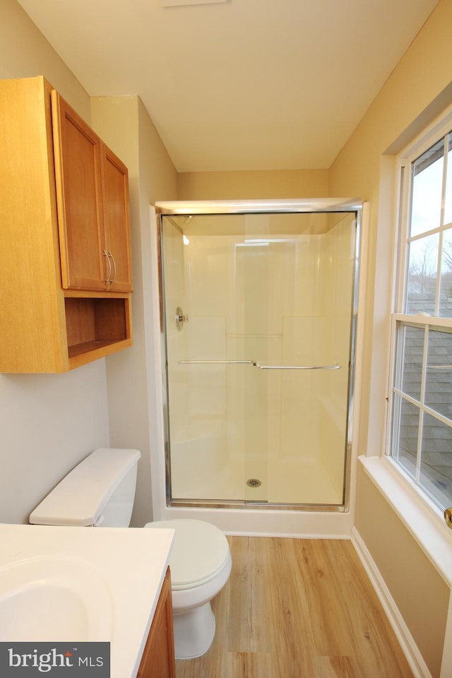 bathroom with hardwood / wood-style flooring, vanity, toilet, and a shower with door