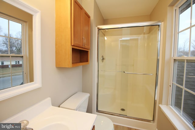 bathroom featuring vanity, toilet, and a shower with door