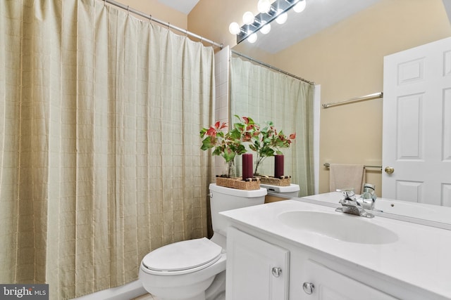 full bathroom with toilet, a shower with shower curtain, and vanity