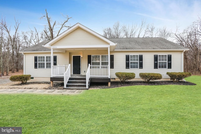 single story home with a porch, crawl space, roof with shingles, and a front lawn