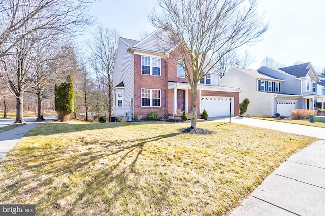 view of front of property featuring a front lawn, central AC unit, and a garage