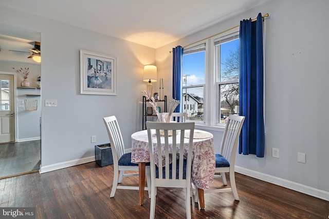 dining area featuring dark wood-type flooring and ceiling fan