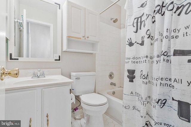 full bathroom with shower / bath combo with shower curtain, toilet, and vanity