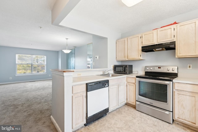 kitchen featuring white dishwasher, stainless steel electric range, light brown cabinetry, under cabinet range hood, and black microwave